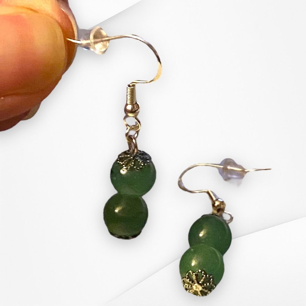 Hand Crafted Earrings Aventurine Green Silver Dangle Pierced Stones Natural - Picture 2 of 5